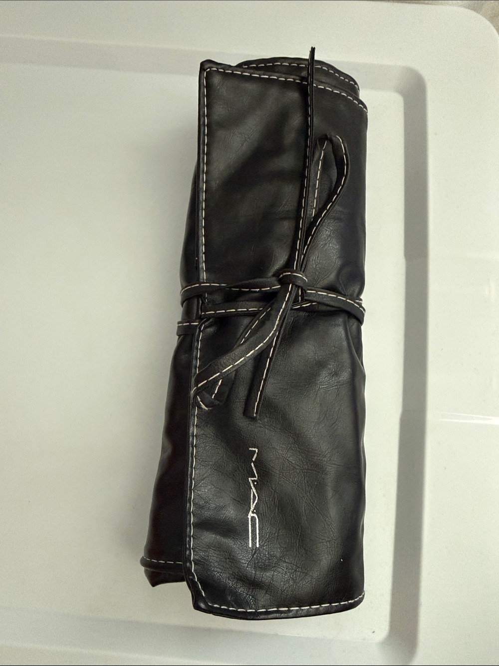 MAC Cosmetics Black Faux Leather Roll-Up Brush Pouch with White Stitching
